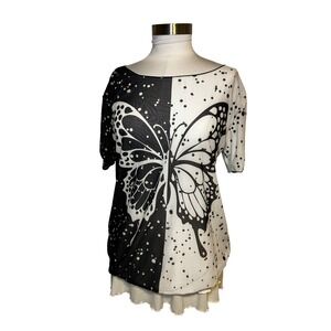 Black White Split Butterfly Graphic Mesh Sheer Top Short Sleeve